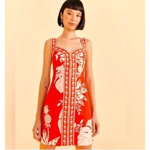 FARM RIO Red Lace Monsteras Mini Dress Tropical Boho A Line 100% Linen SZ XL